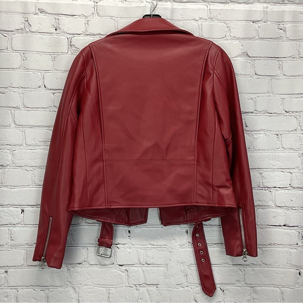 Zara Faux Leather Zip Moto Jacket Women's M Burgandy Belted Bikercore Pockets - Picture 7 of 9